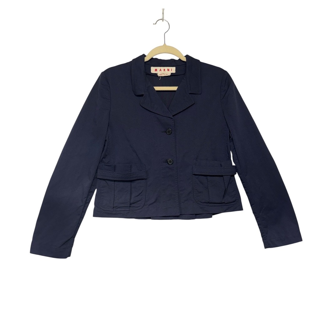 Marni Navy Blue Cotton Twill Cropped Jacket Pleated Back Made in Italy Size 42